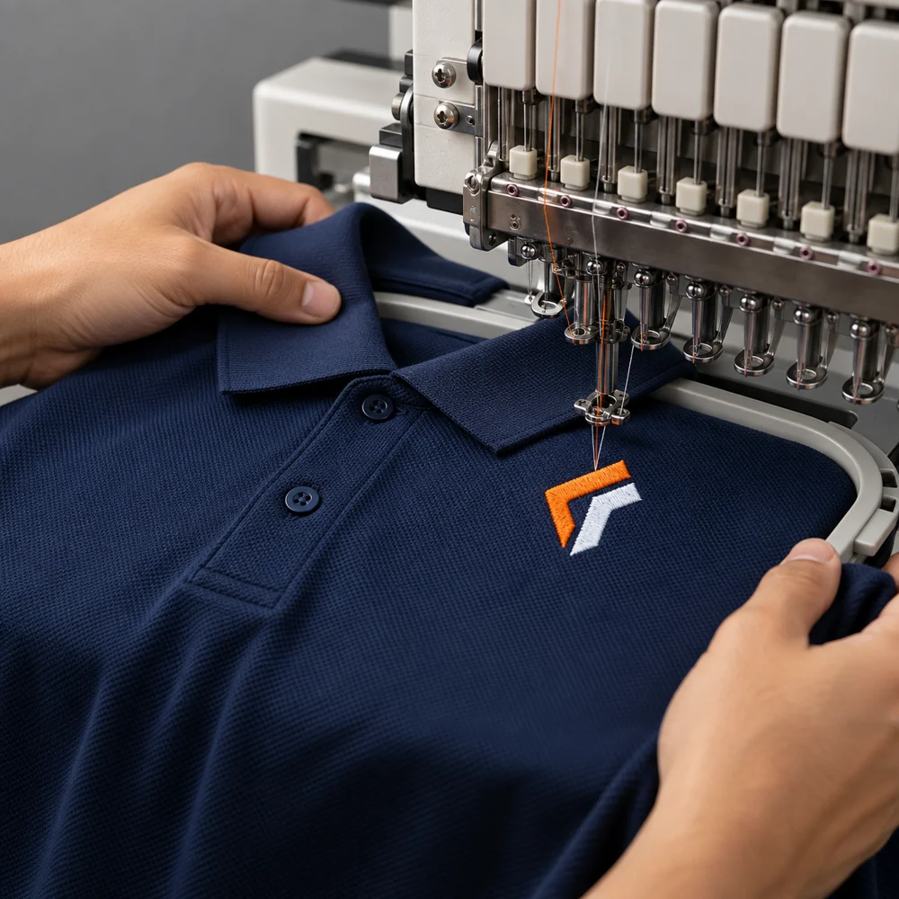 Imagem ilustrativa de um bordado sendo aplicado em uma polo azul-marinho
