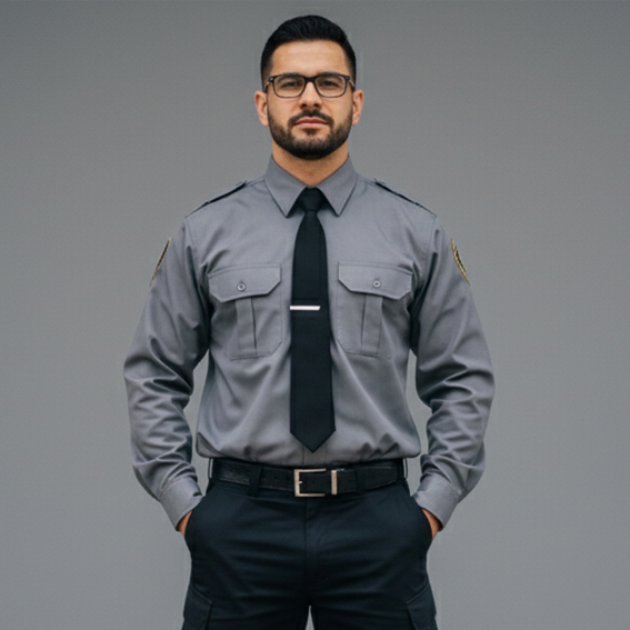 Modelo de uniforme operacional cinza com camisa e calça