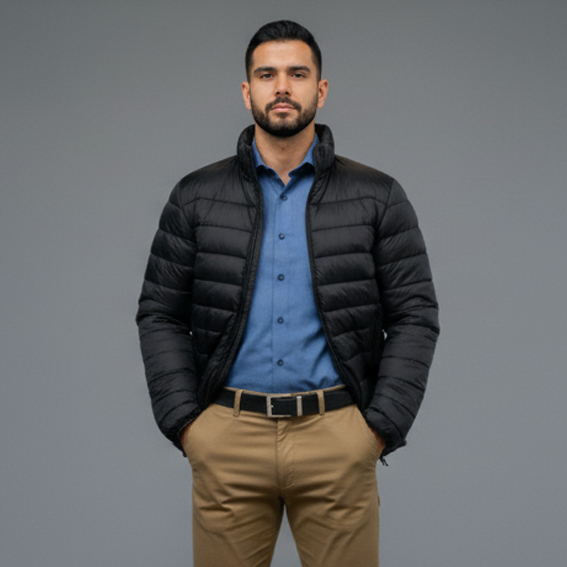 Modelo de jaqueta puffer preta para uniforme corporativo
